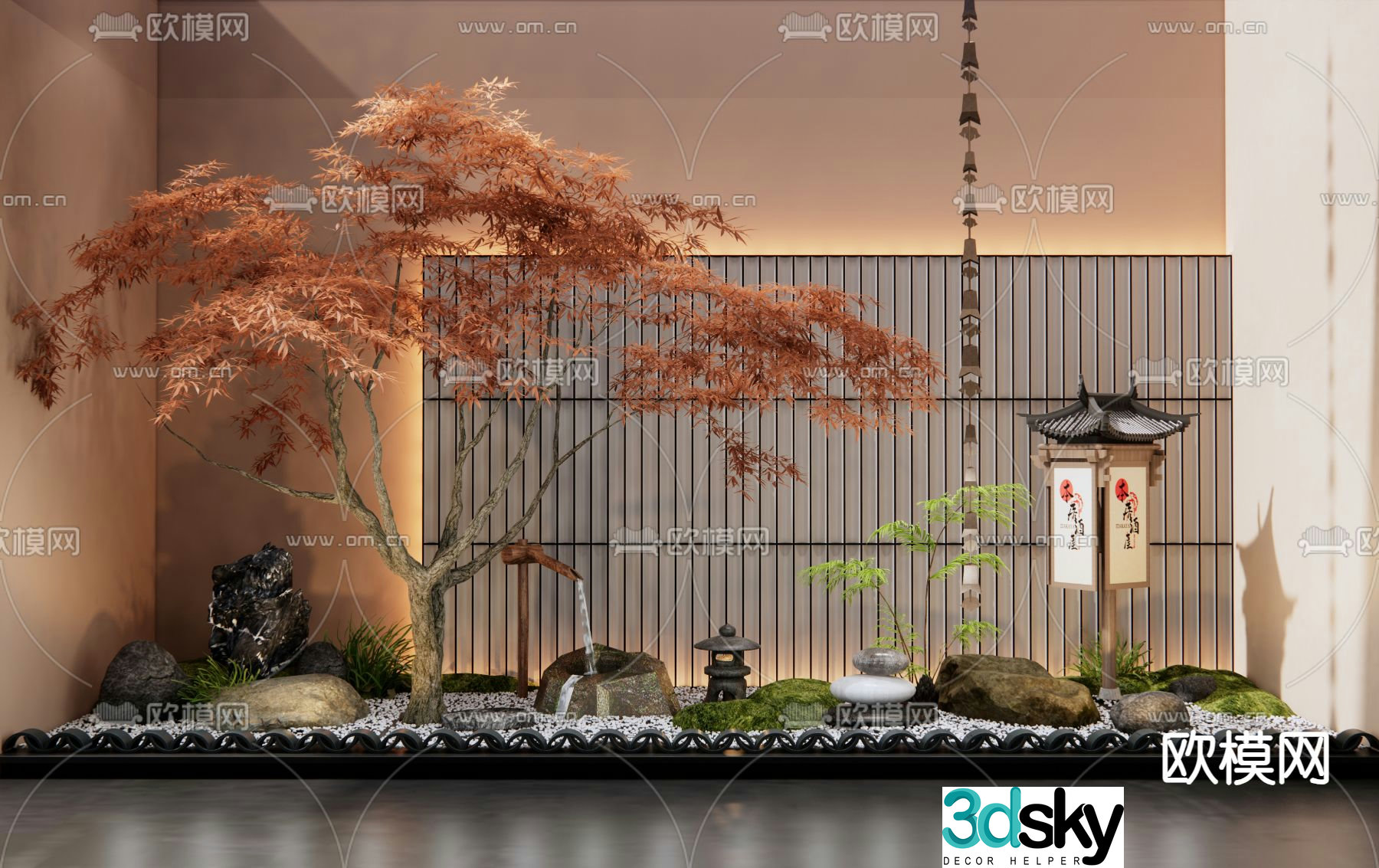Flowing Water Bowl Landscape Indoor Landscaping Red Maple Rockery 3D Model