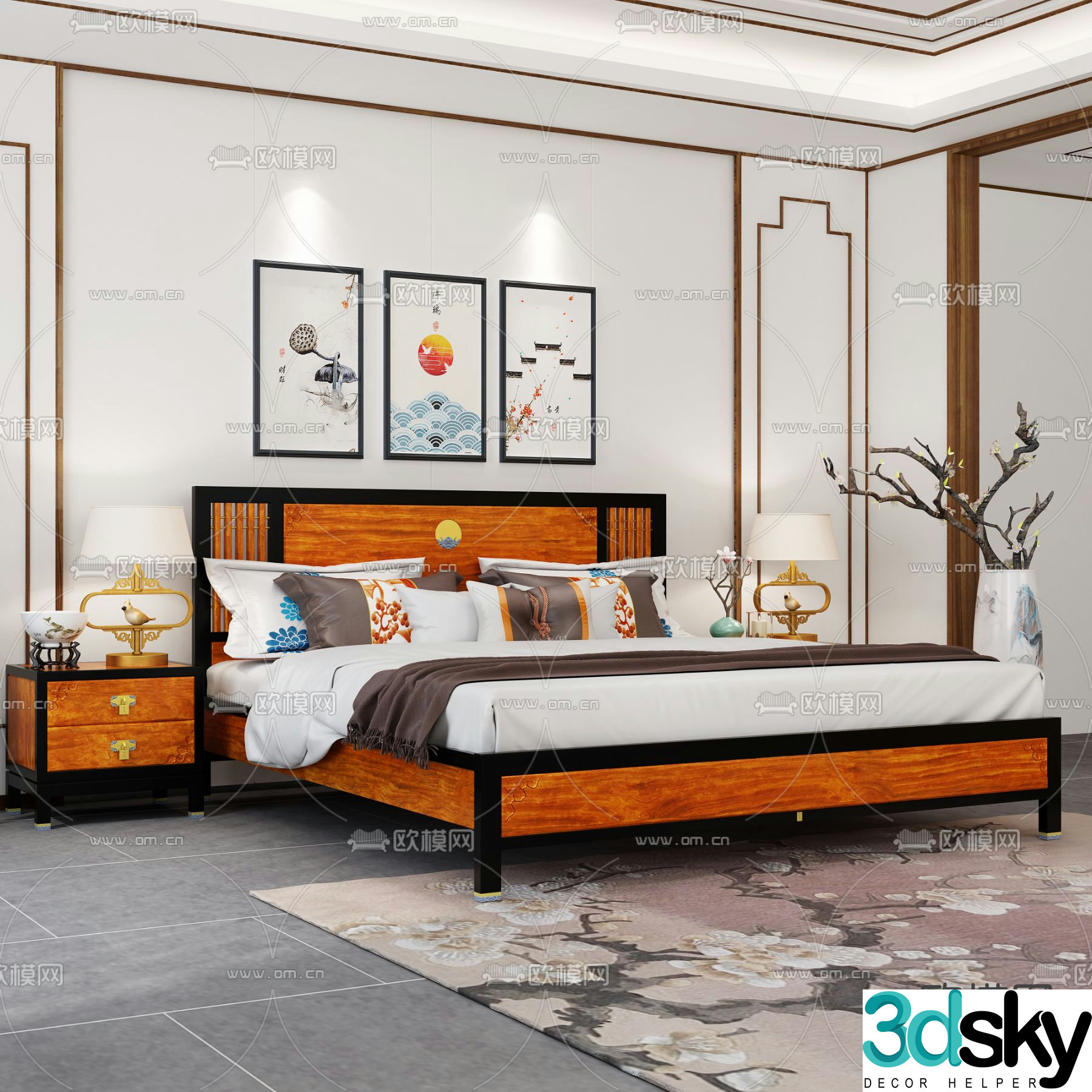 Chinese double bed solid wood bed 3d model