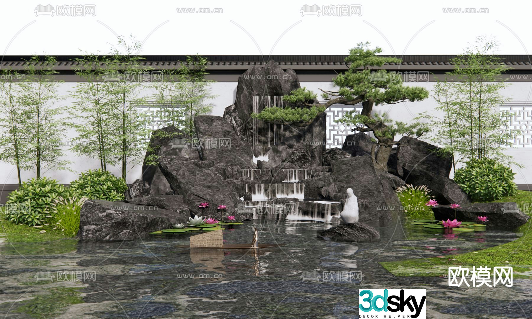 New Chinese style rockery waterscape waterfall courtyard sketch 3D model