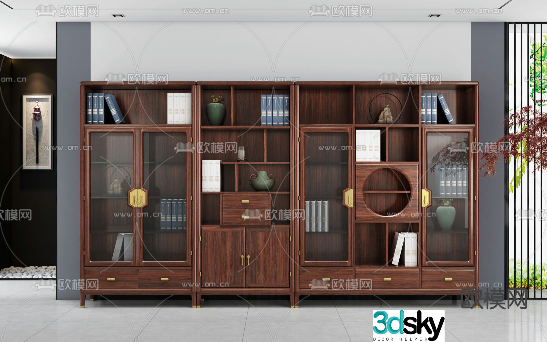 Chinese bookshelf ebony wood bookcase 3d model