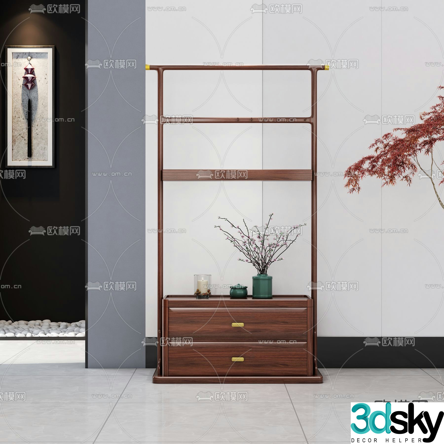 Chinese style coat rack clothes rack 3d model