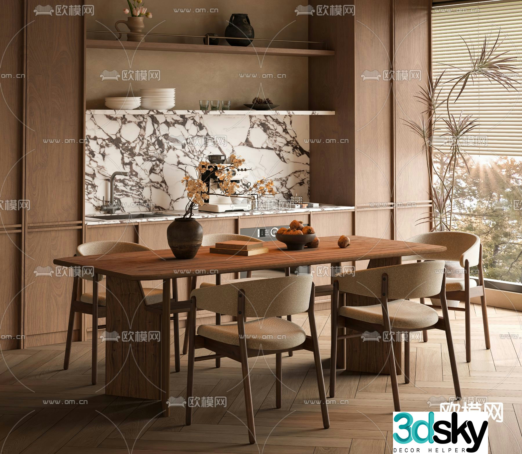 Medieval style dining table and chairs solid wood dining table 3d model