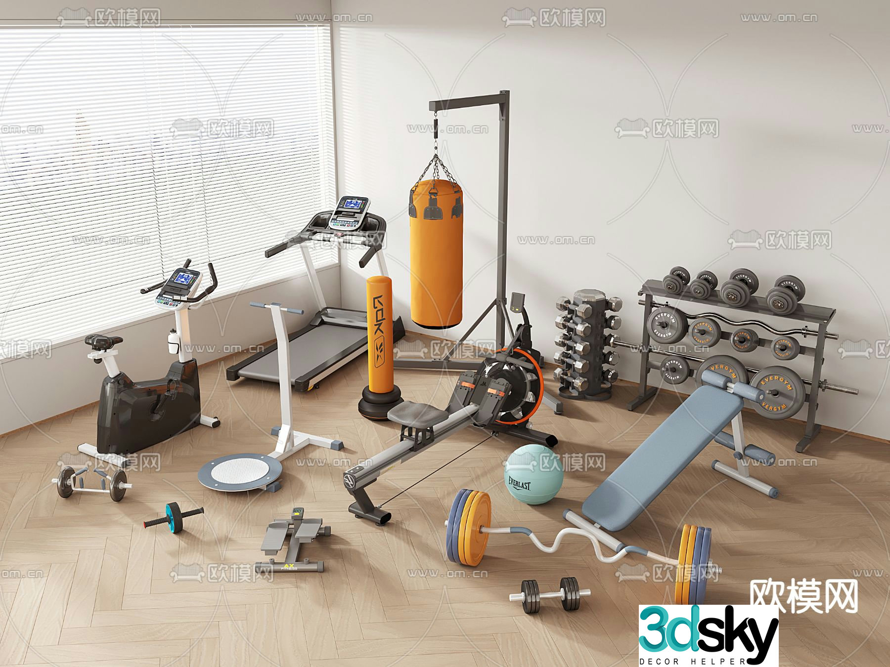 Fitness equipment treadmill bicycle rowing machine barbell dumbbell boxing 3d model