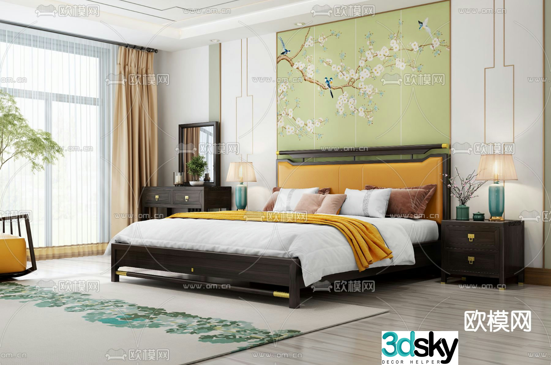 Chinese double bed solid wood bed 3d model