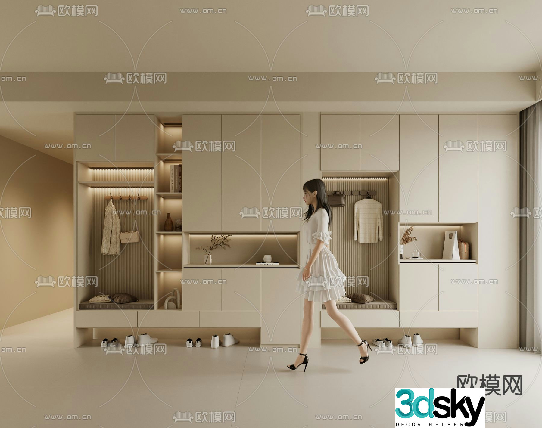 Cream style shoe cabinet 3d model