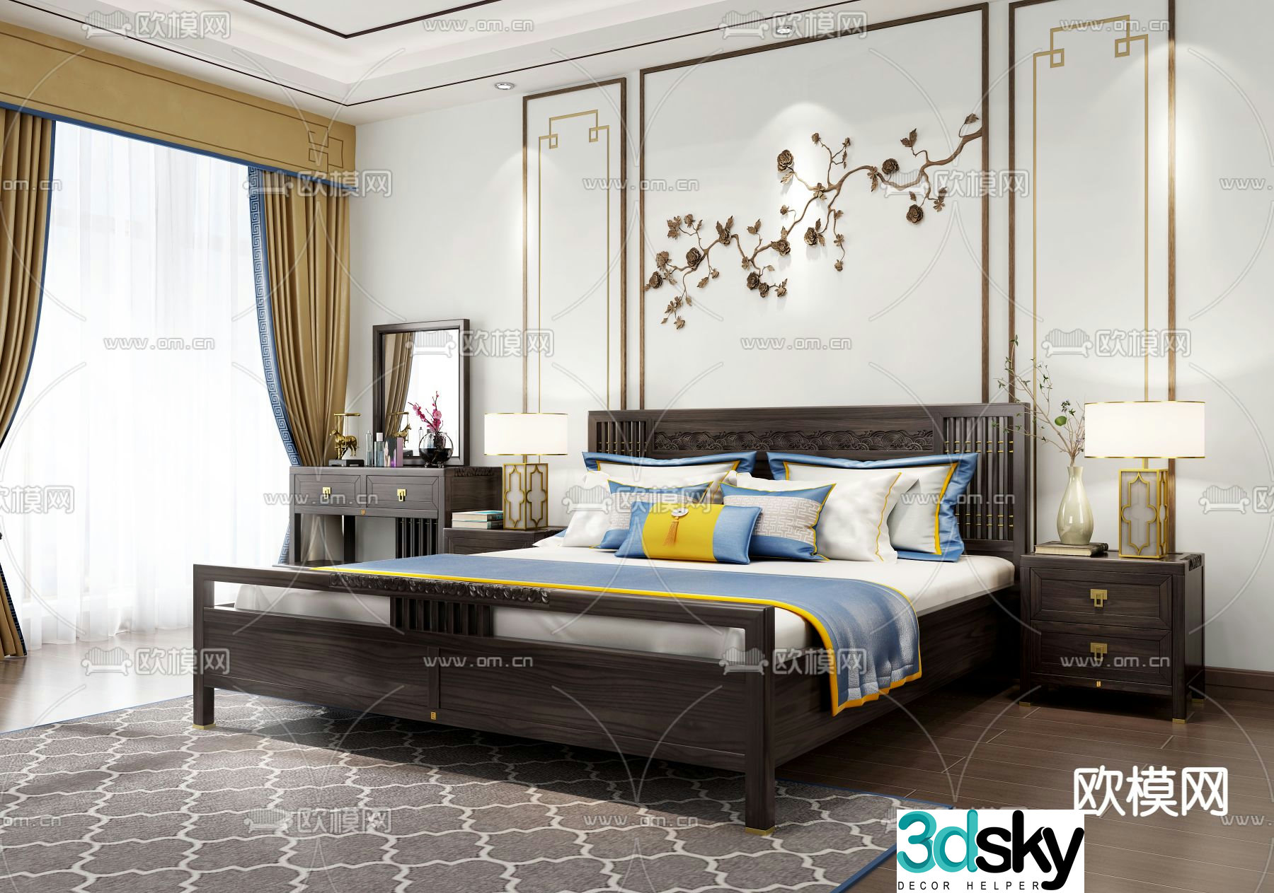 Chinese double bed solid wood bed 3d model