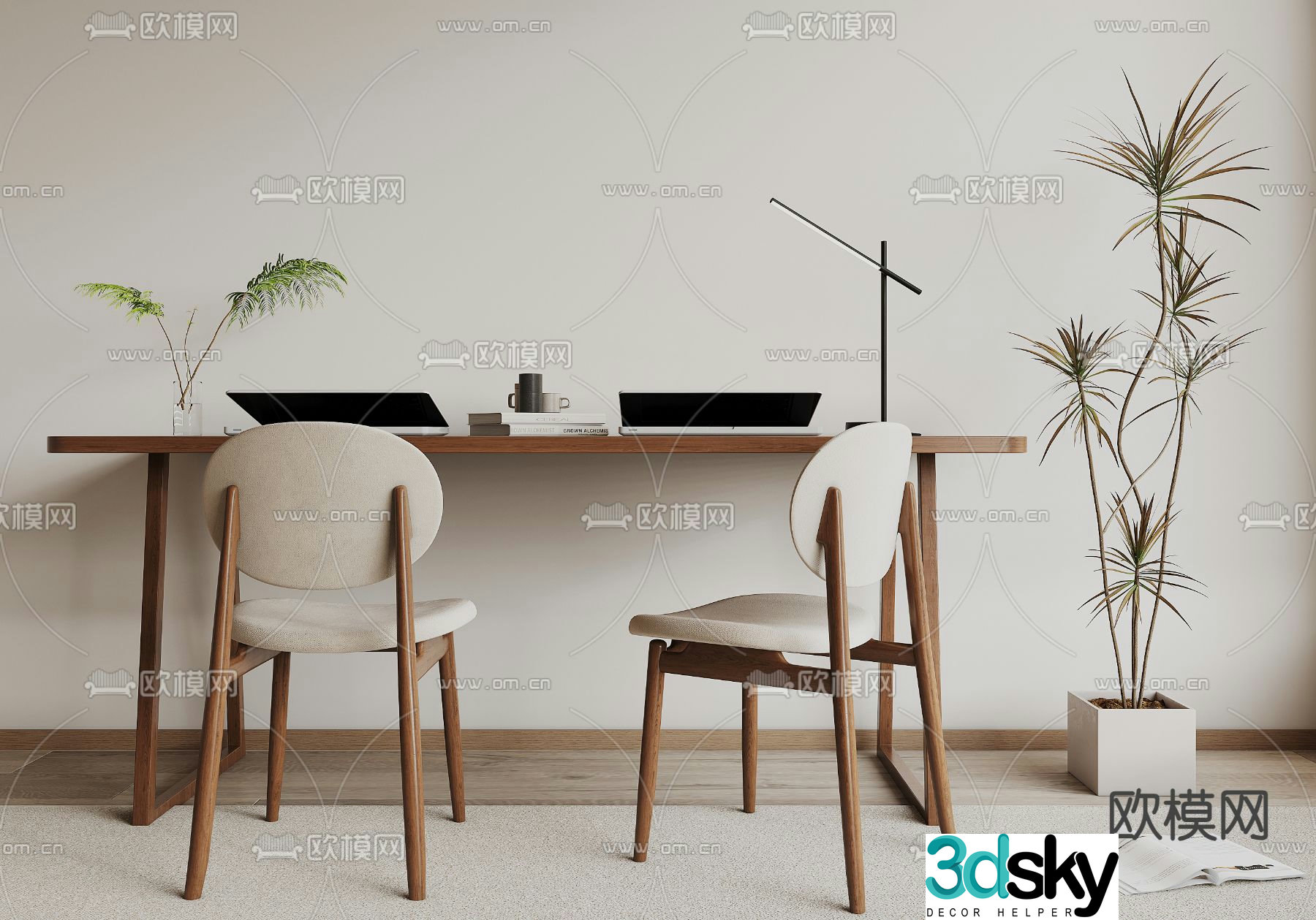 Double desk computer desk study table 3d model