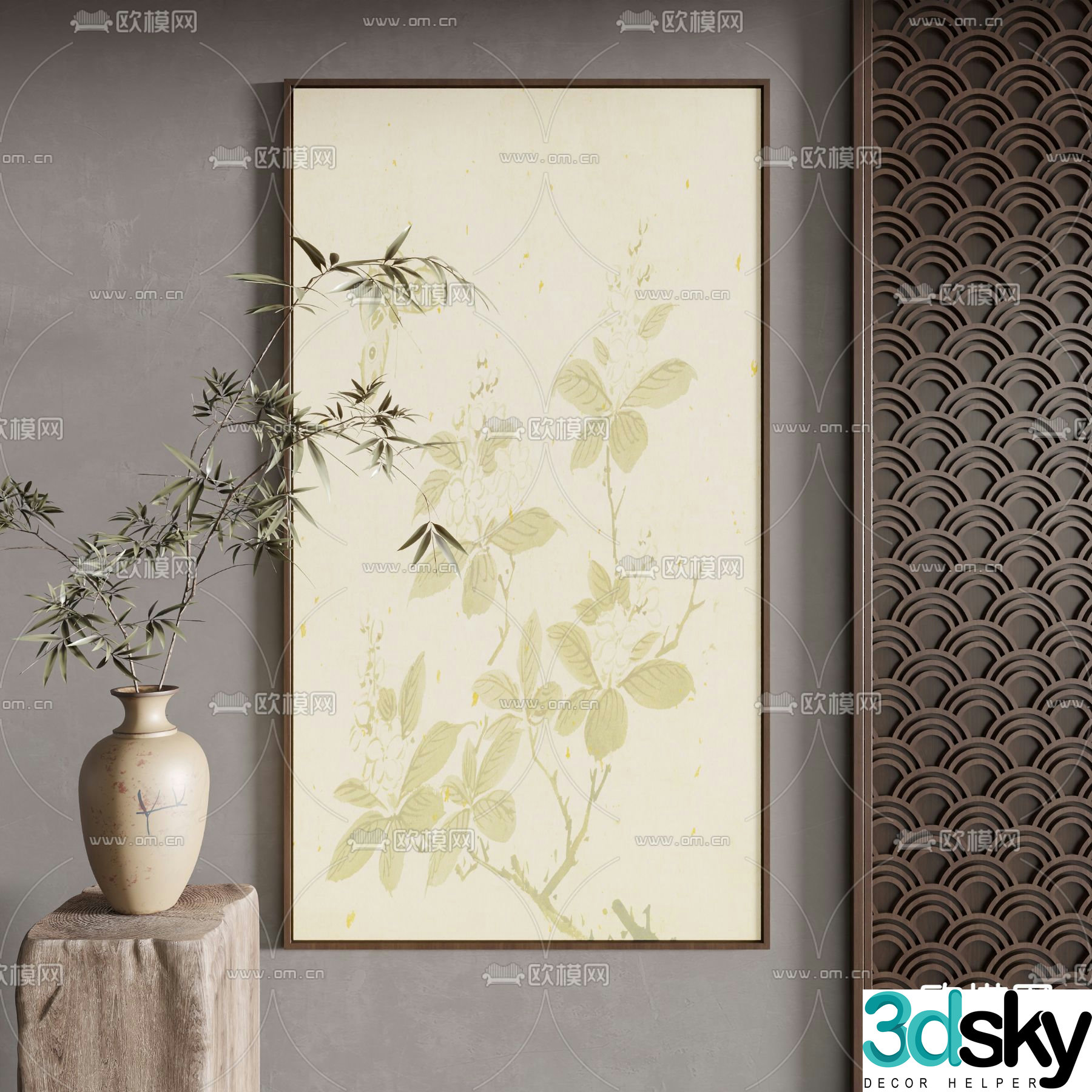 Chinese style flower and bird painting Zen hanging painting Decorative painting 3D model