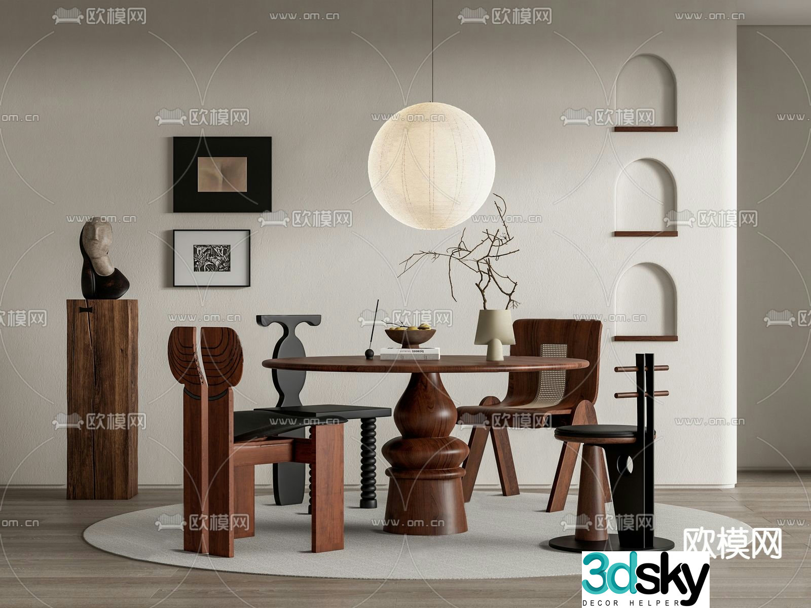 Medieval style dining table and chairs round dining table 3D model