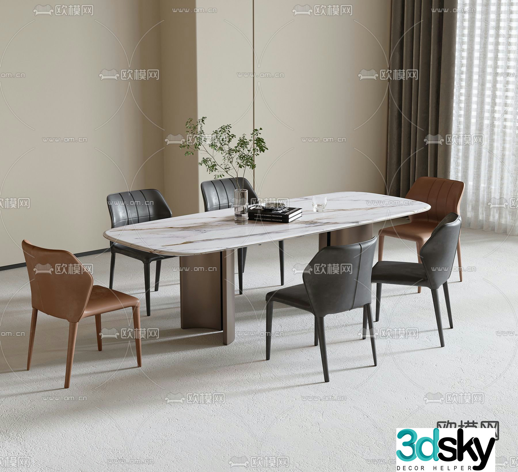 Long dining table and chairs 3d model