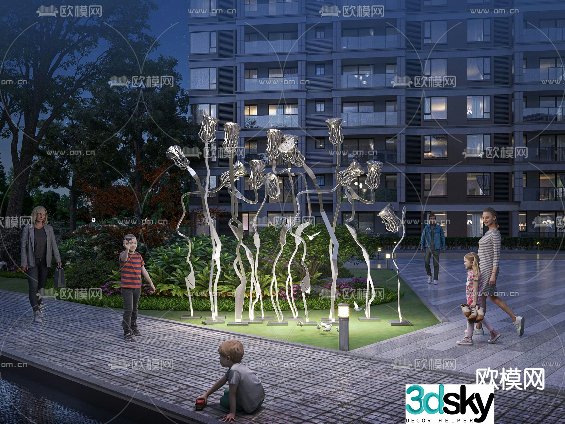 Community landscape plant pile sketch sculpture night scene 3D model