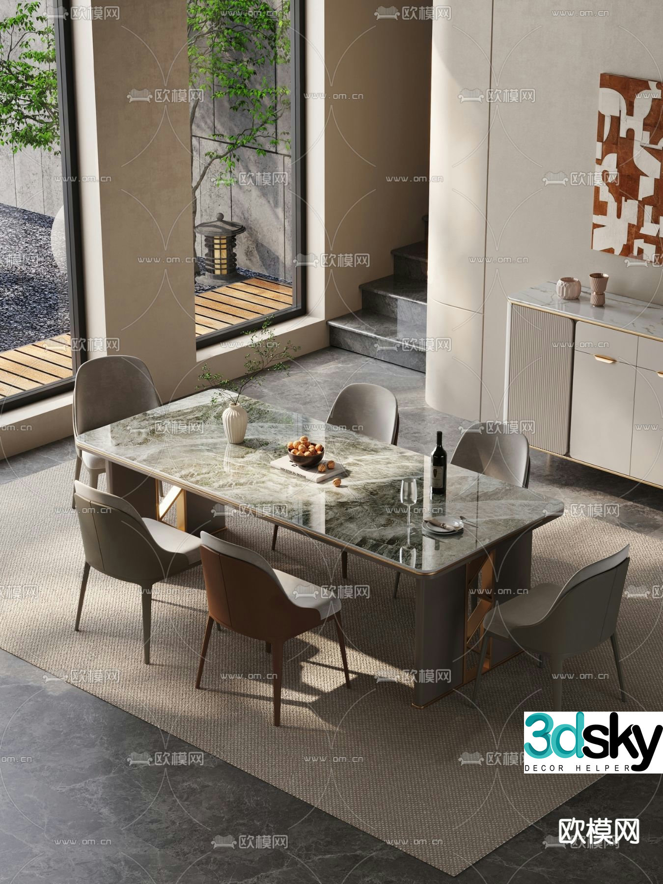 Marble dining table and chairs 3d model
