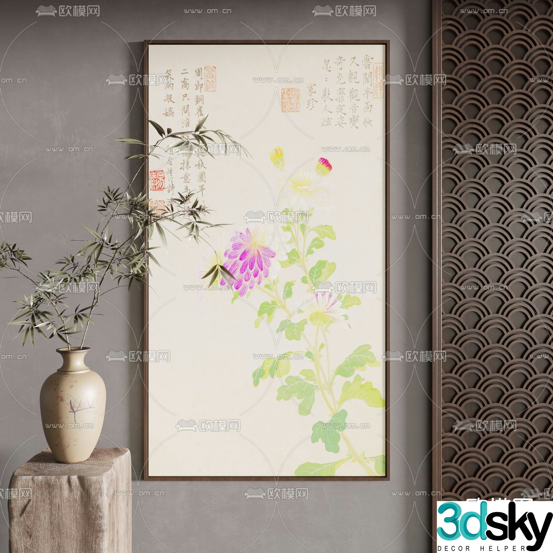Chinese style flower and bird painting Zen hanging painting Decorative painting 3D model