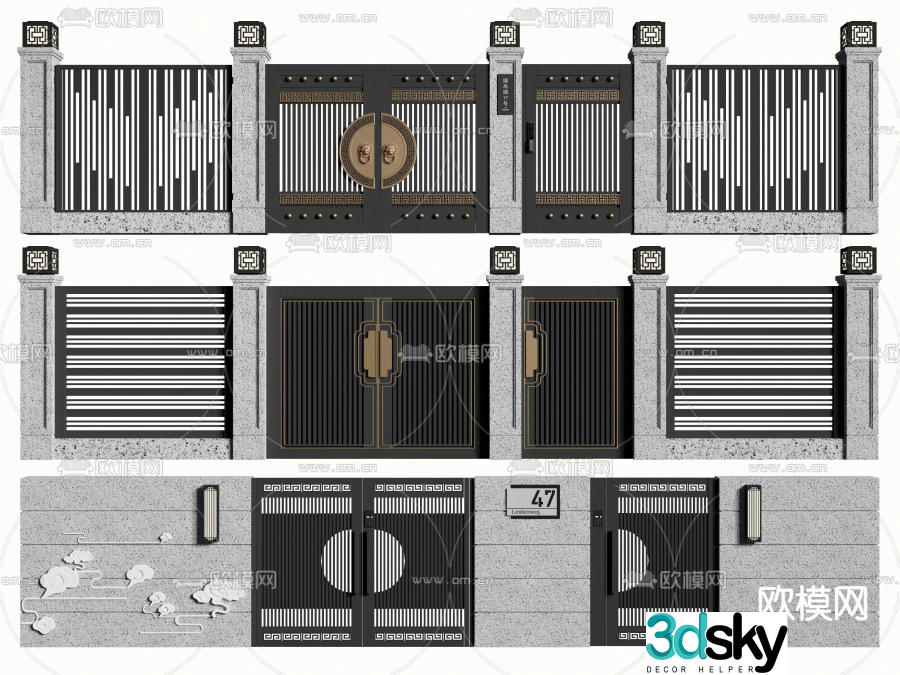 New Chinese style courtyard door guardrail fence wall 3d model