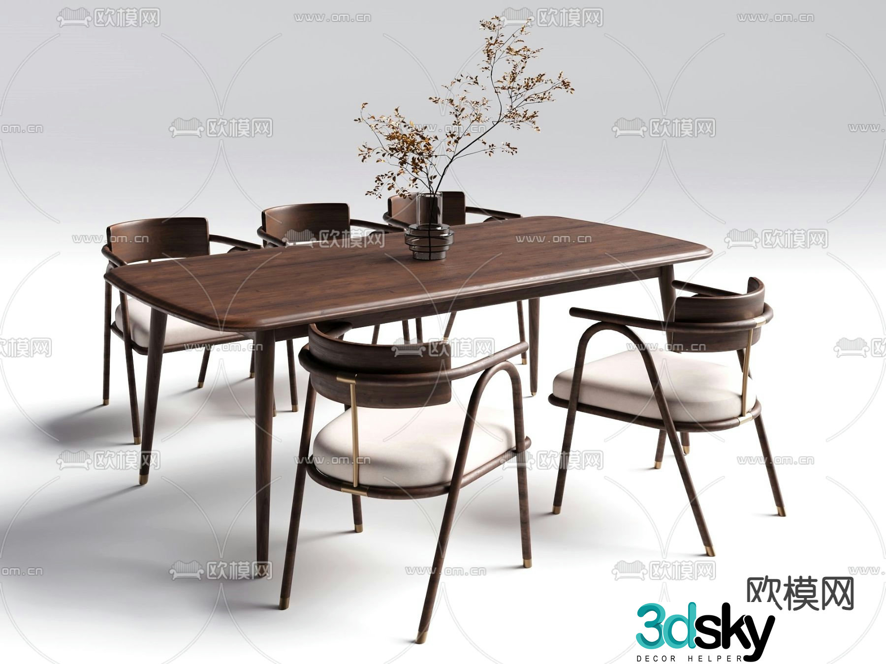 Long dining table and chairs 3d model