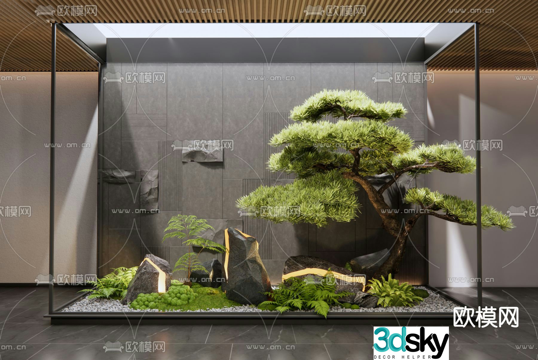 Indoor landscape courtyard sketch pine tree landscaping 3d model