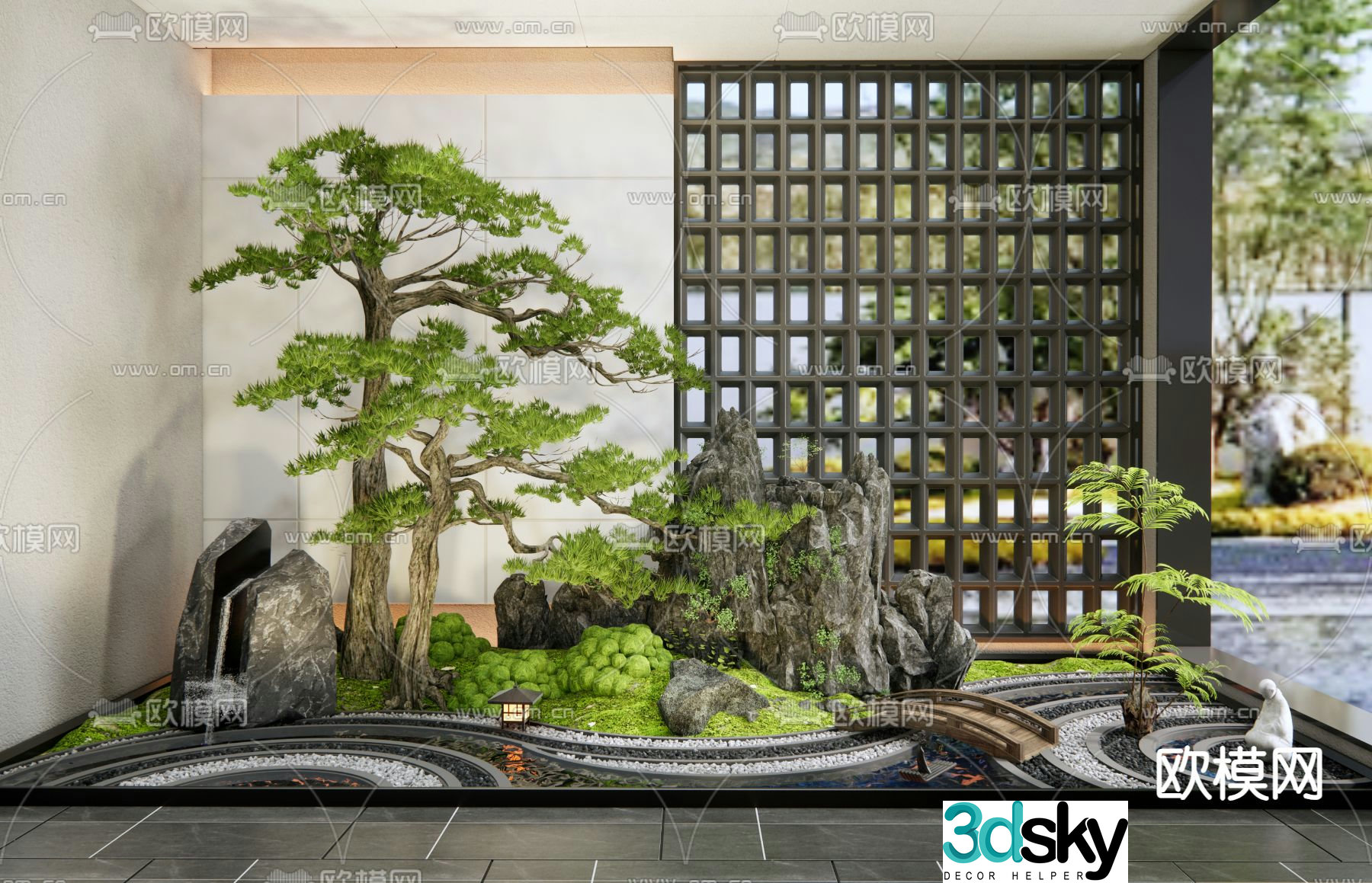 Zen landscape courtyard sketch pine tree landscaping 3d model