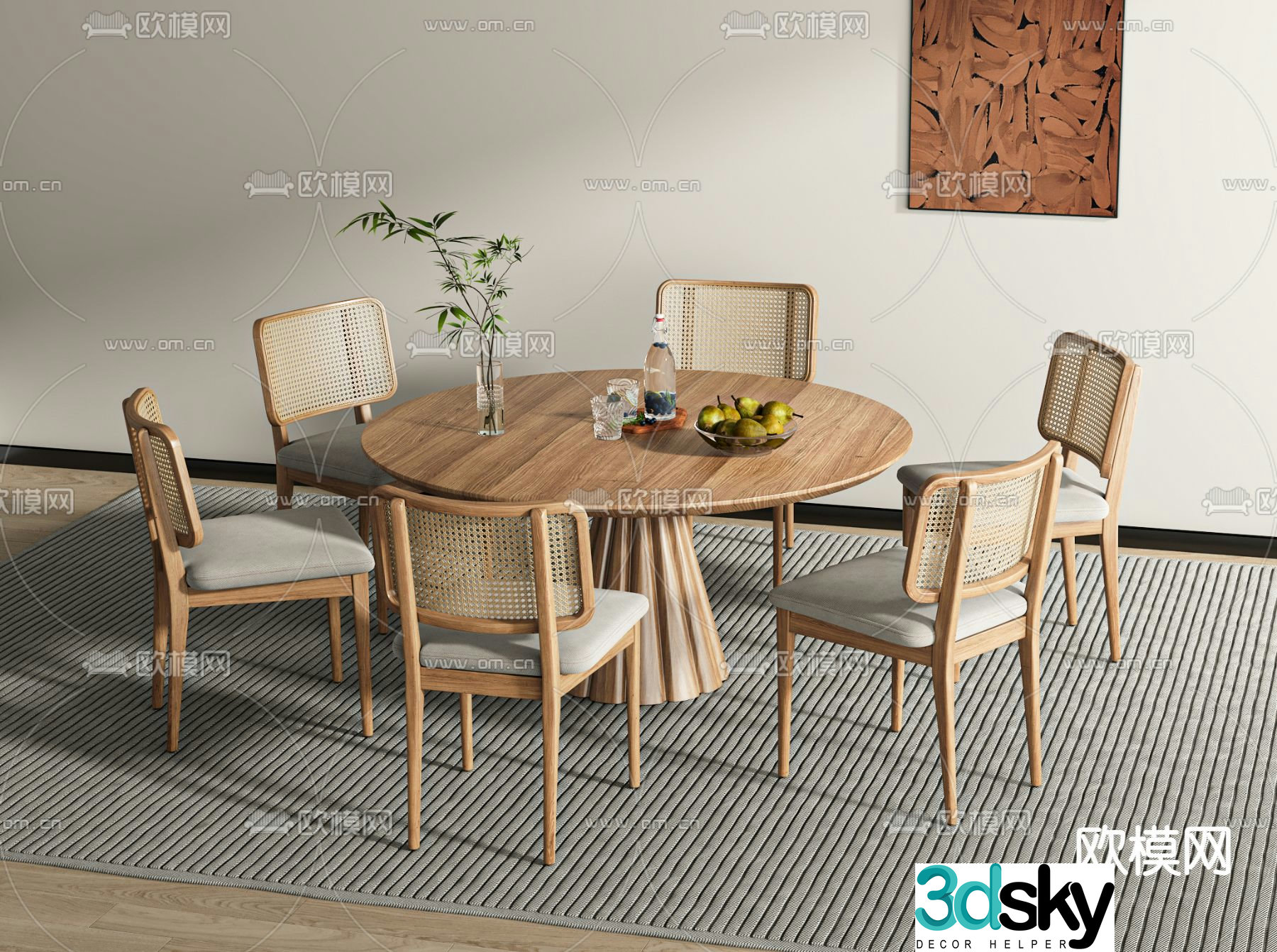 Wabi-sabi dining table and chairs round dining table 3d model