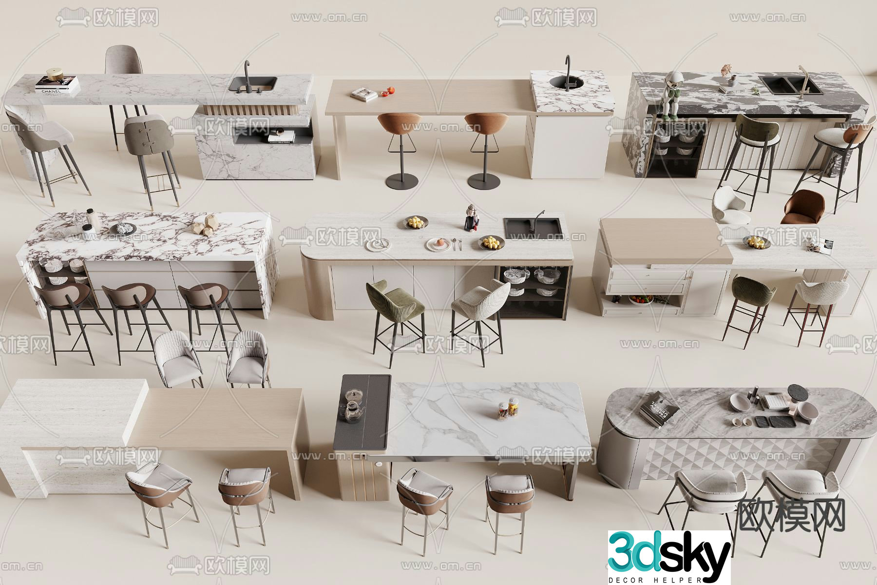 Bar counter island table island table dining table and chairs 3D model
