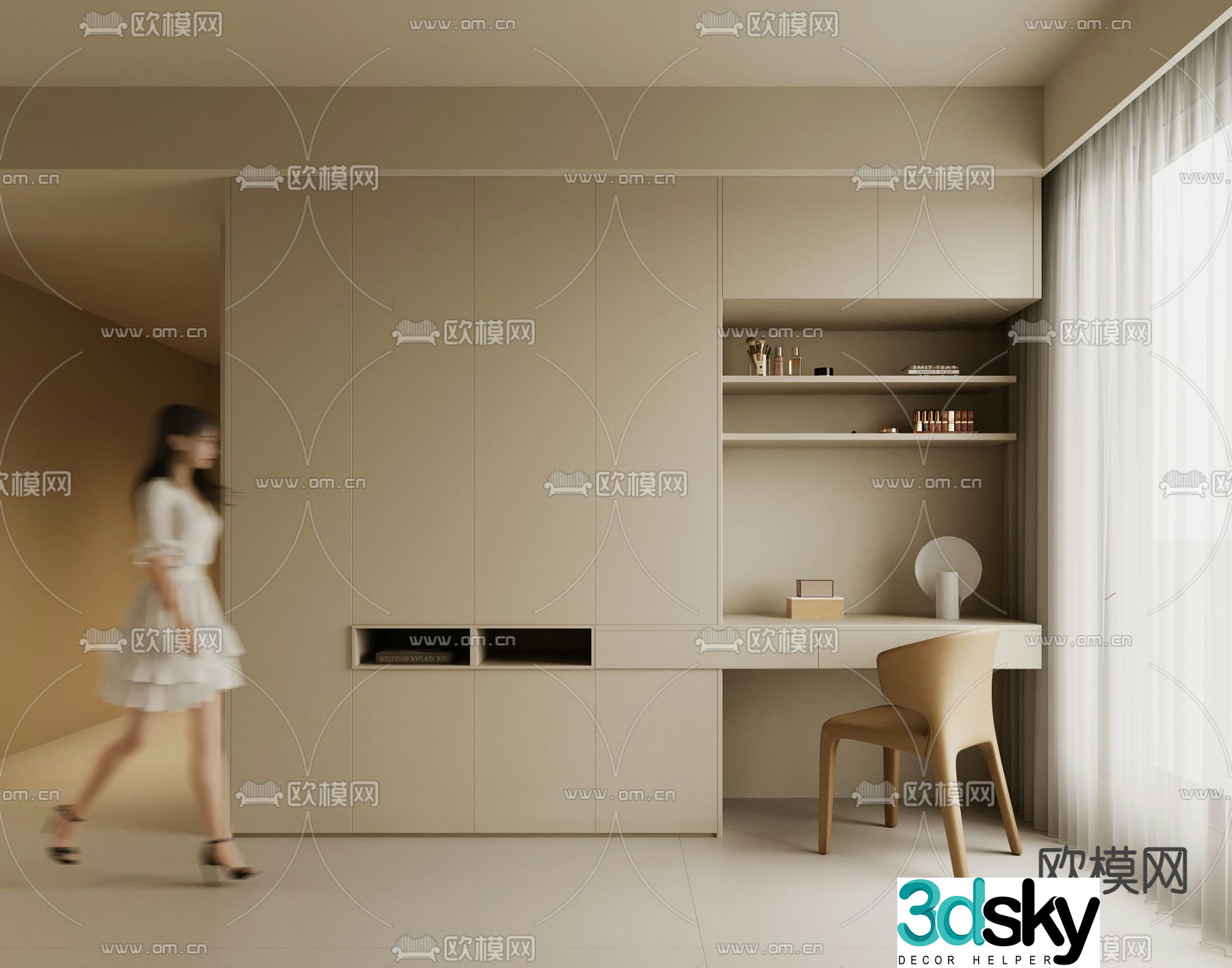 Modern Wardrobe Integrated Desk 3D Model