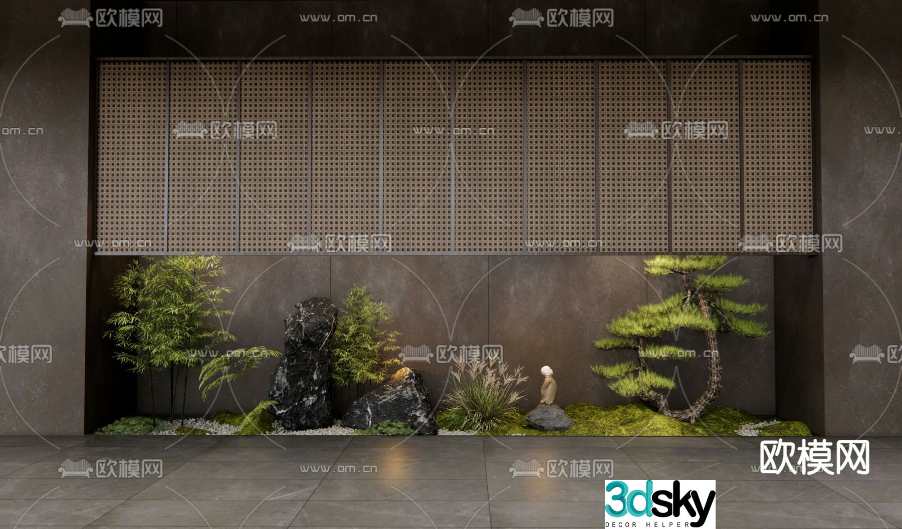 Japanese dry landscape garden sketch pine tree landscaping 3D model