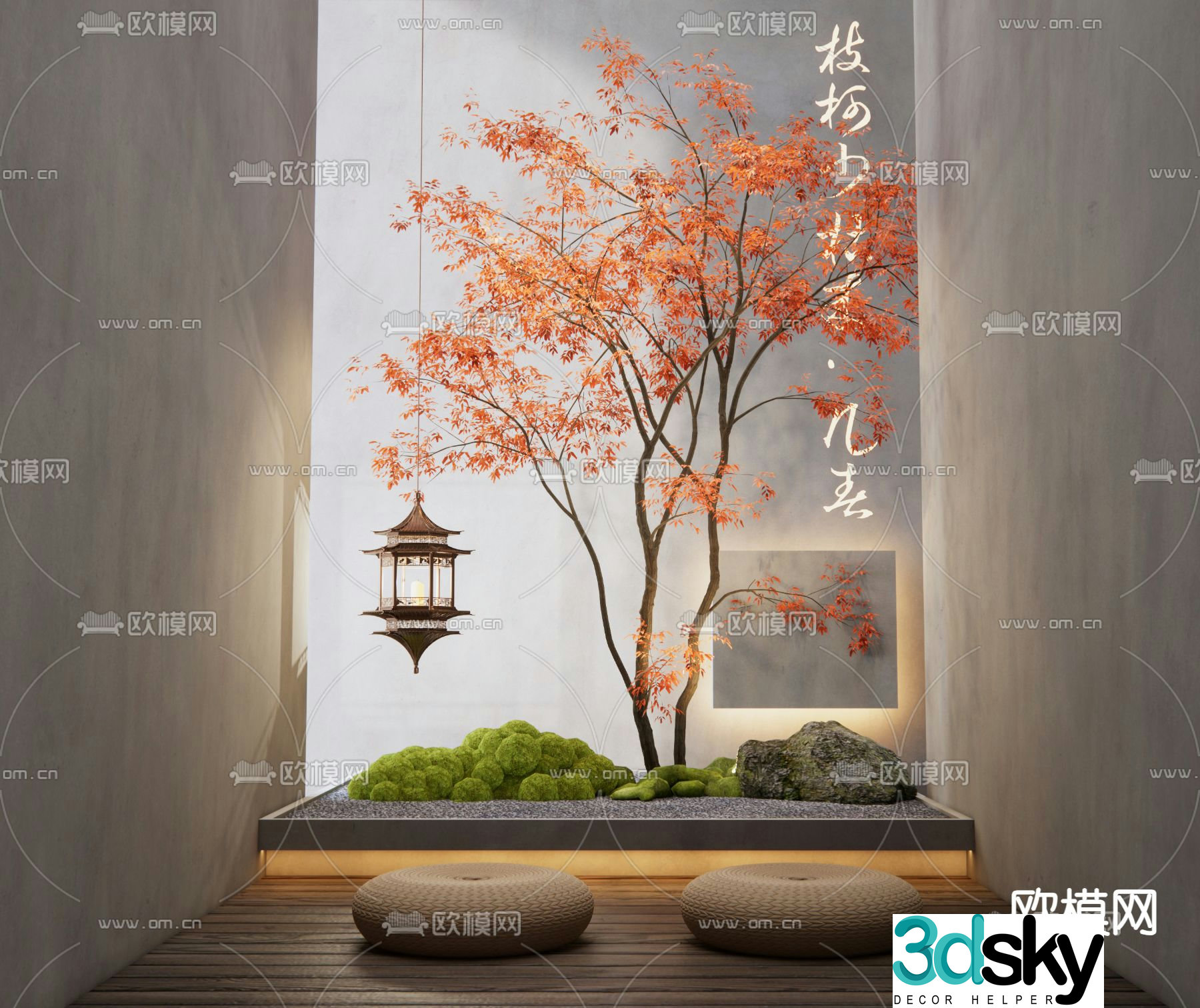 Indoor landscape red maple landscaping moss green plants 3d model