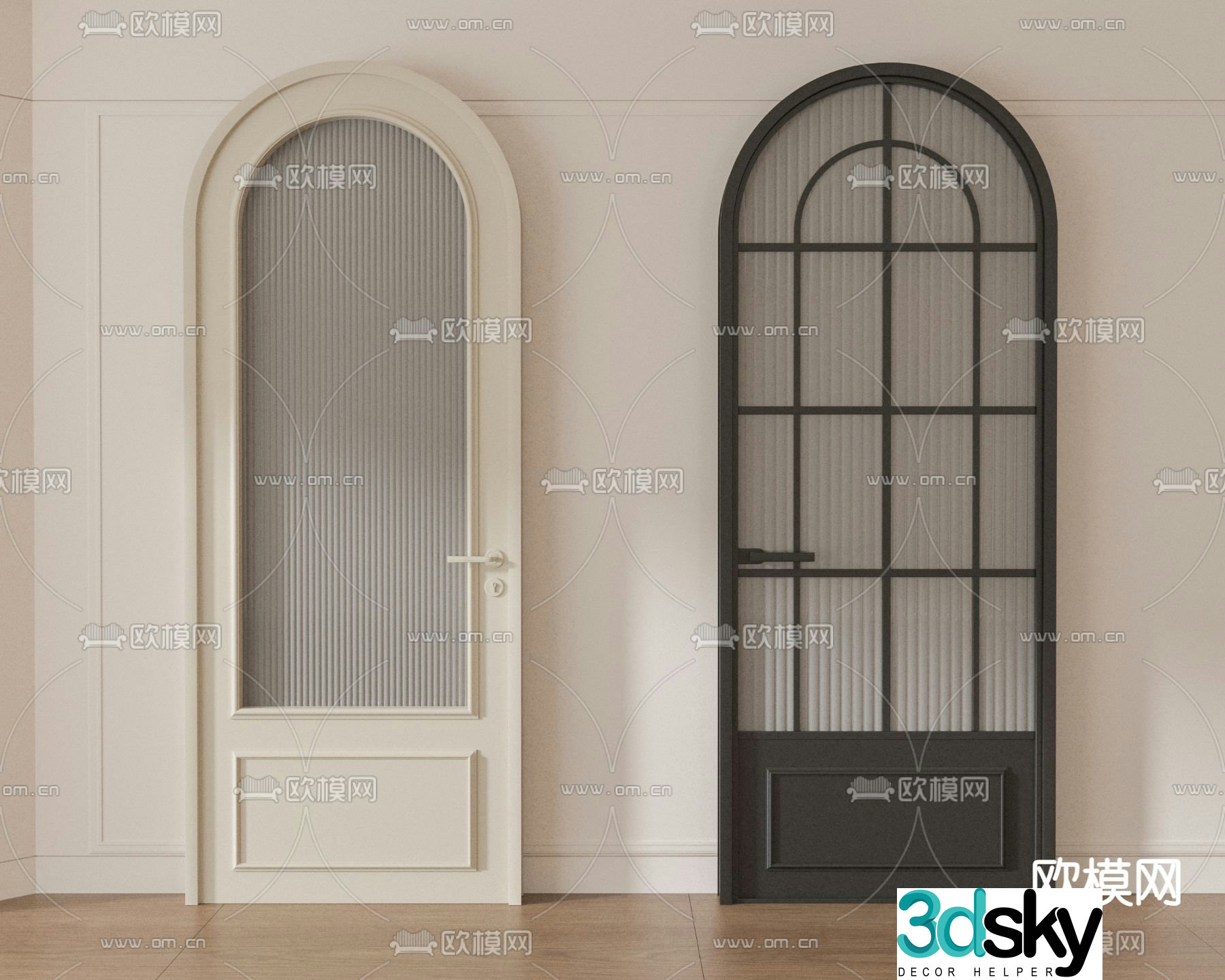 French door kitchen and bathroom door arched door 3d model
