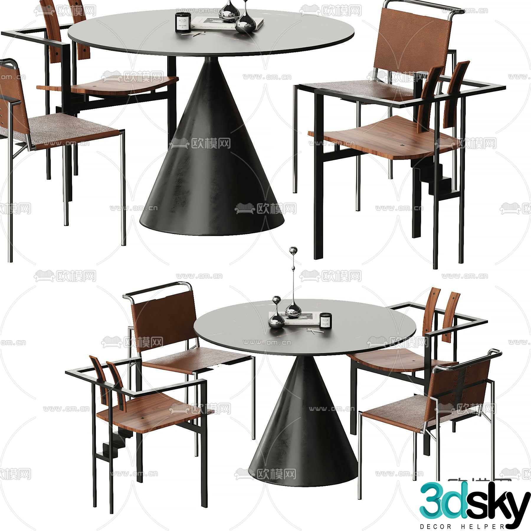 Medieval style dining table and chairs round dining table 3D model
