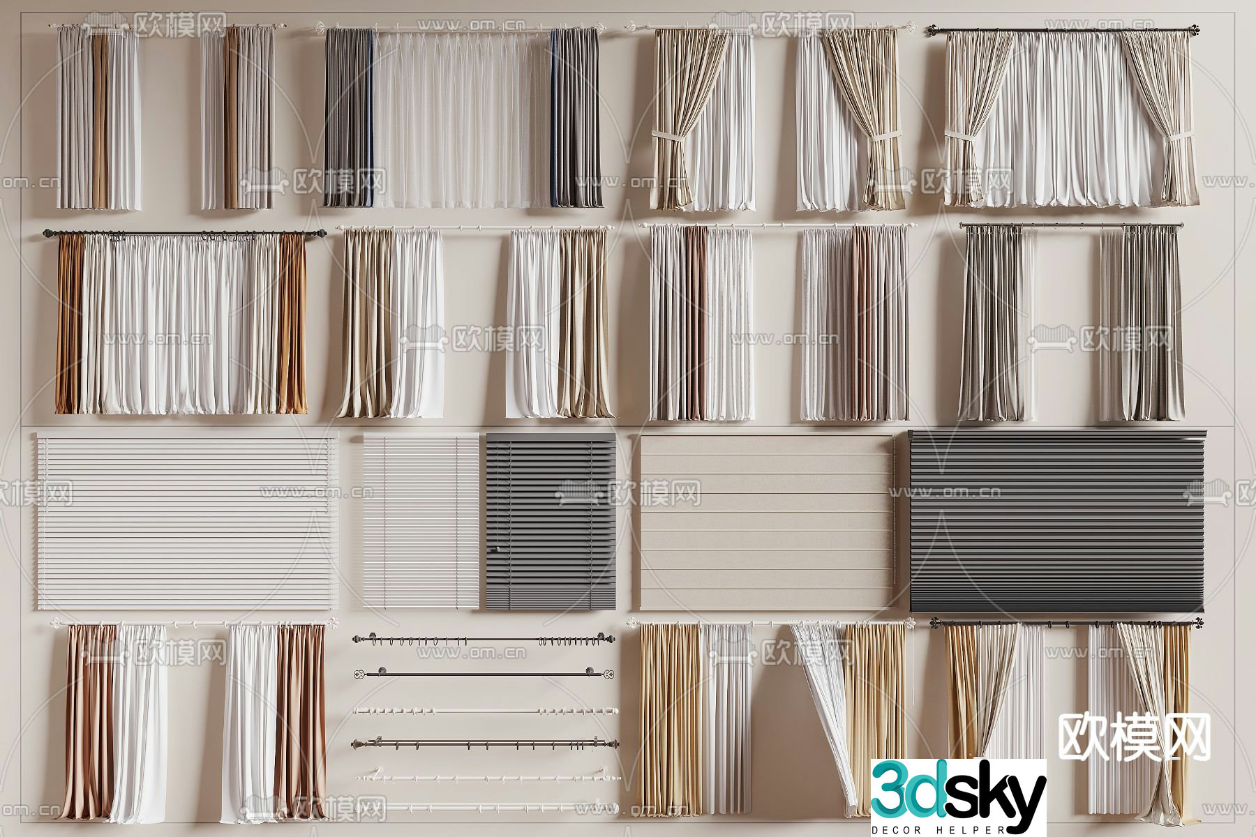 Plain curtains window screens venetian blinds 3d model