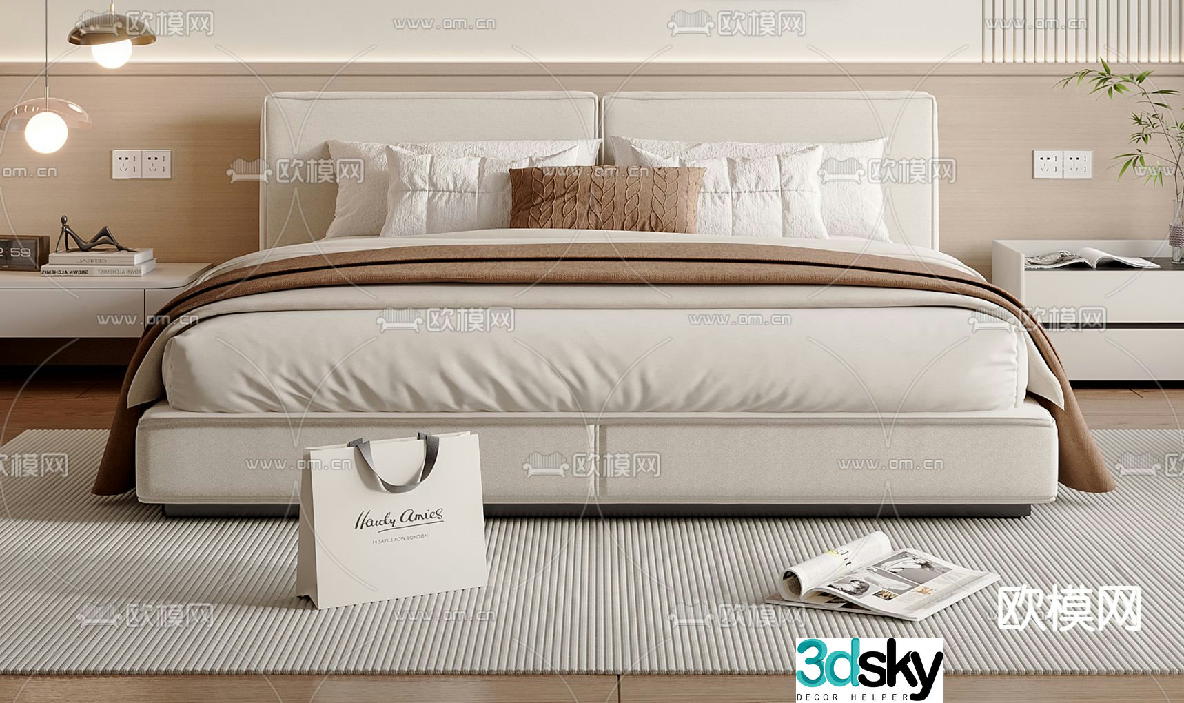 Cream style double bed 3d model