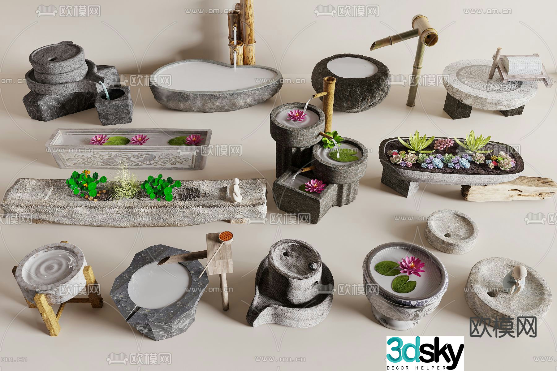 Chinese stone trough sink millstone water bowl 3D model