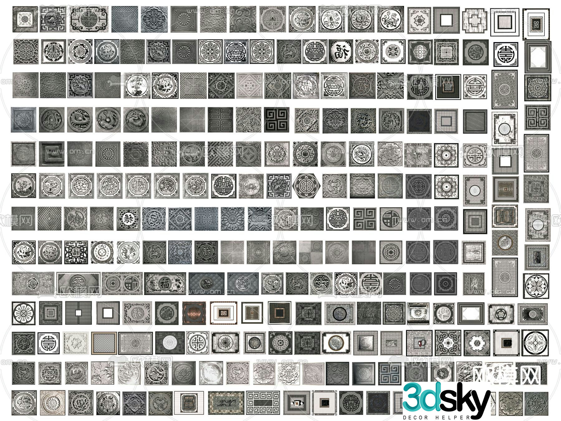 New Chinese style floor carving brick carving embossed floor tiles paving parquet 3D model