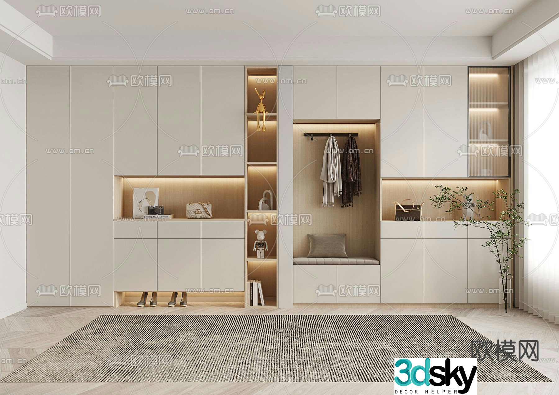 Cream style shoe cabinet 3D model of shoe changing stool