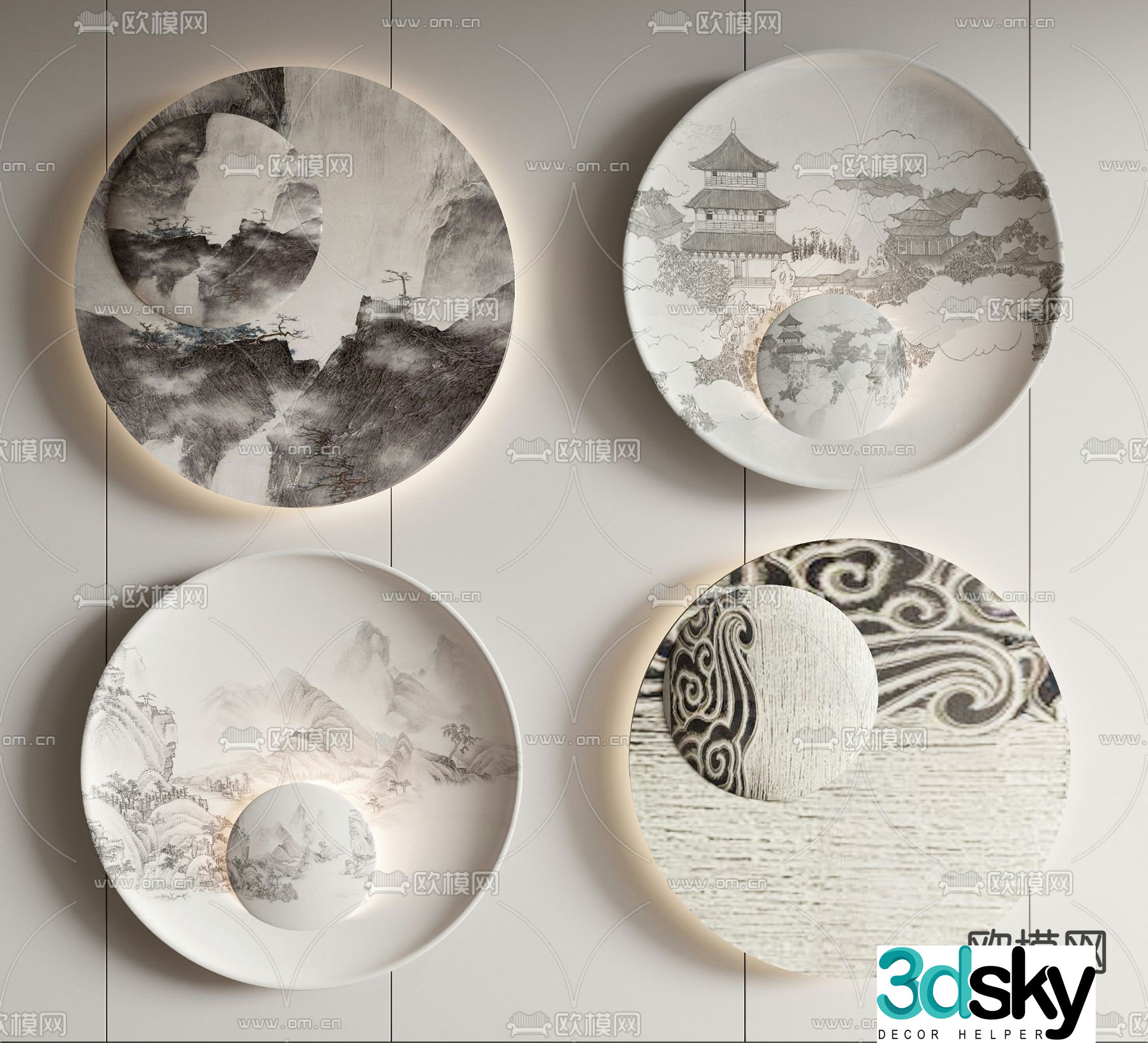 New Chinese style wall decoration circular wall decoration landscape wall decoration 3D model
