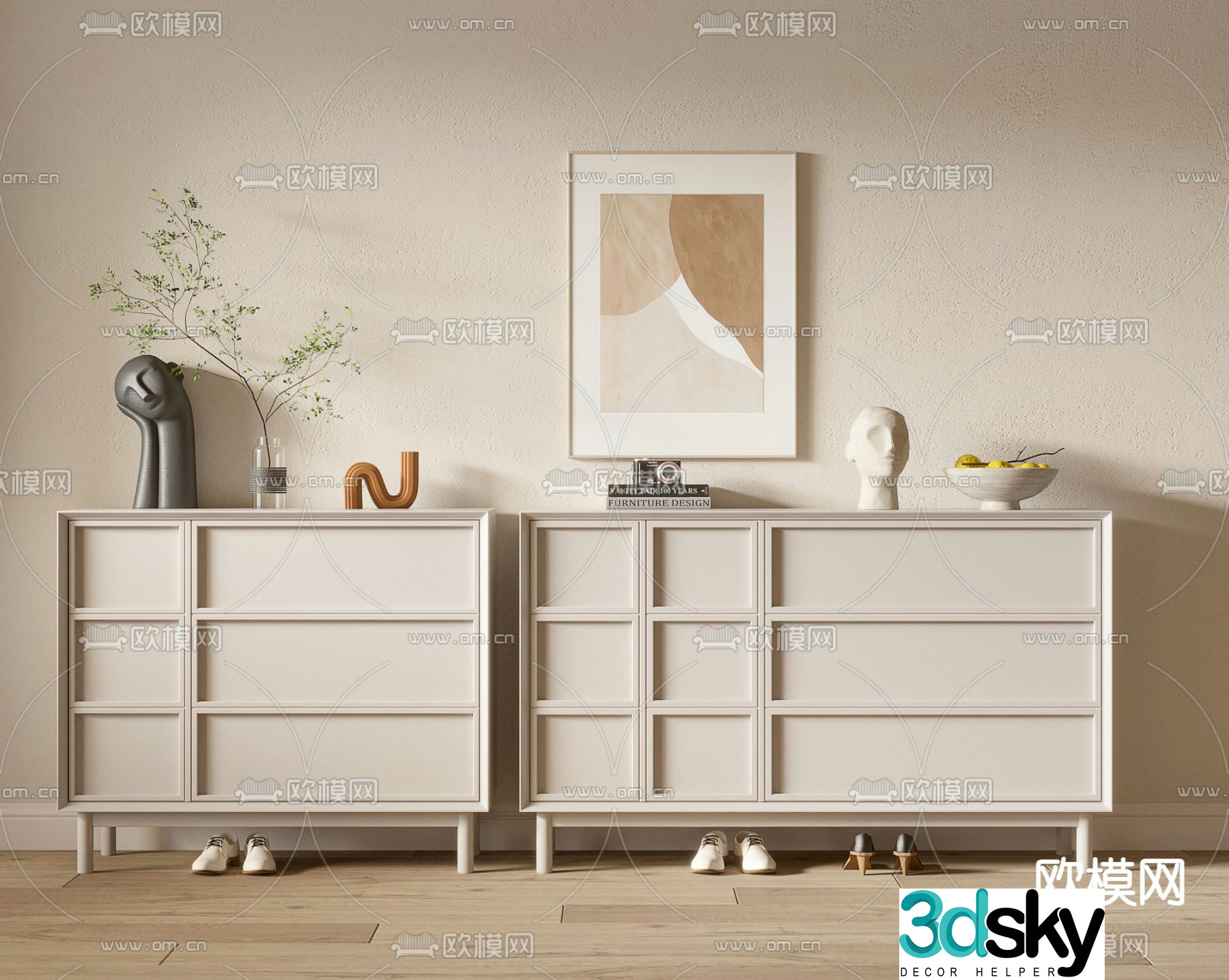 Cream style shoe cabinet low cabinet 3d model