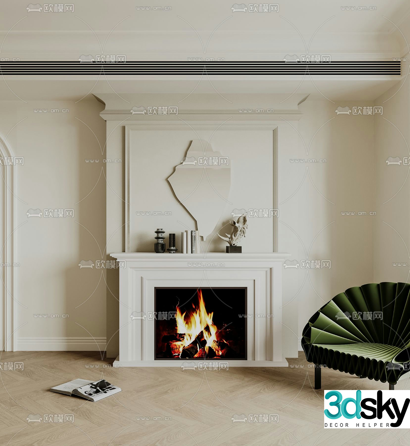 French fireplace flame firewood pile 3d model