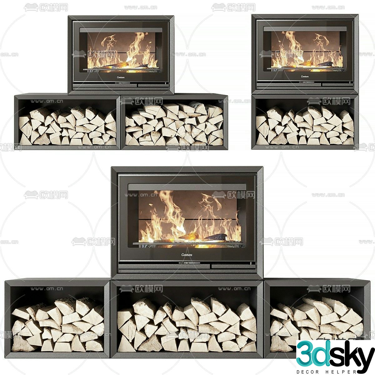 Contura fireplace stove flame firewood pile 3d model