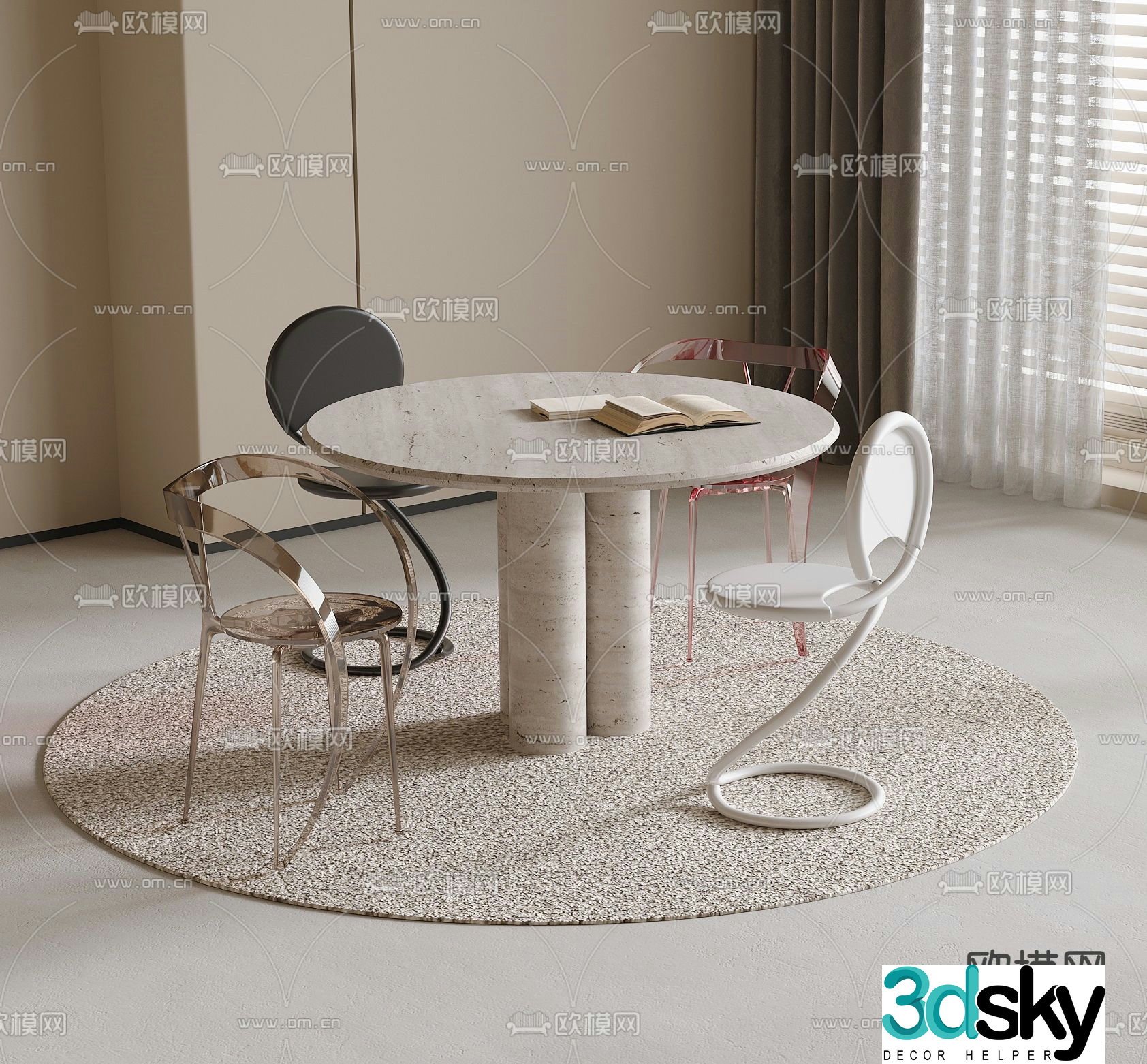 Round dining table and chairs 3d model