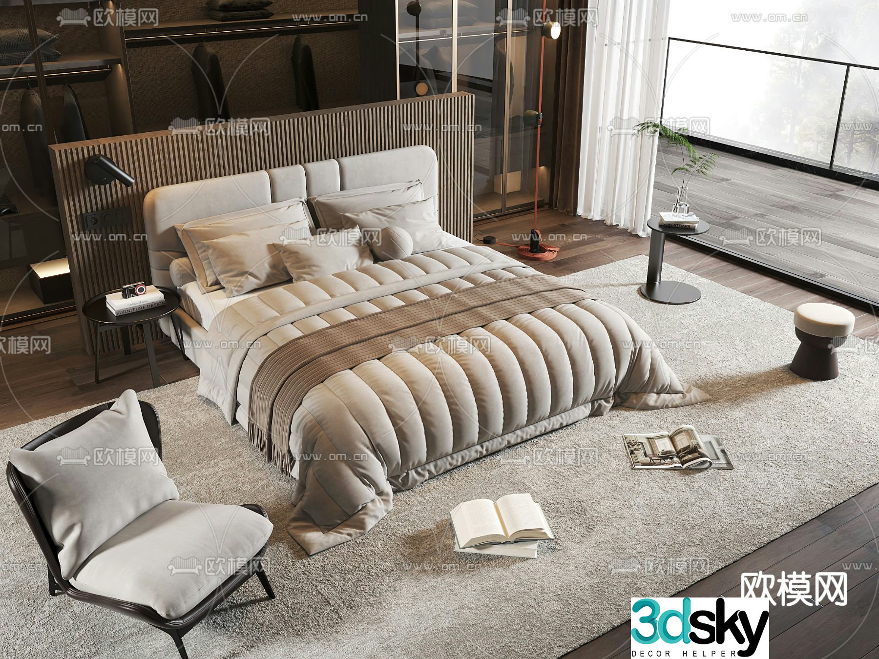 Modern double bed bedroom 3d model