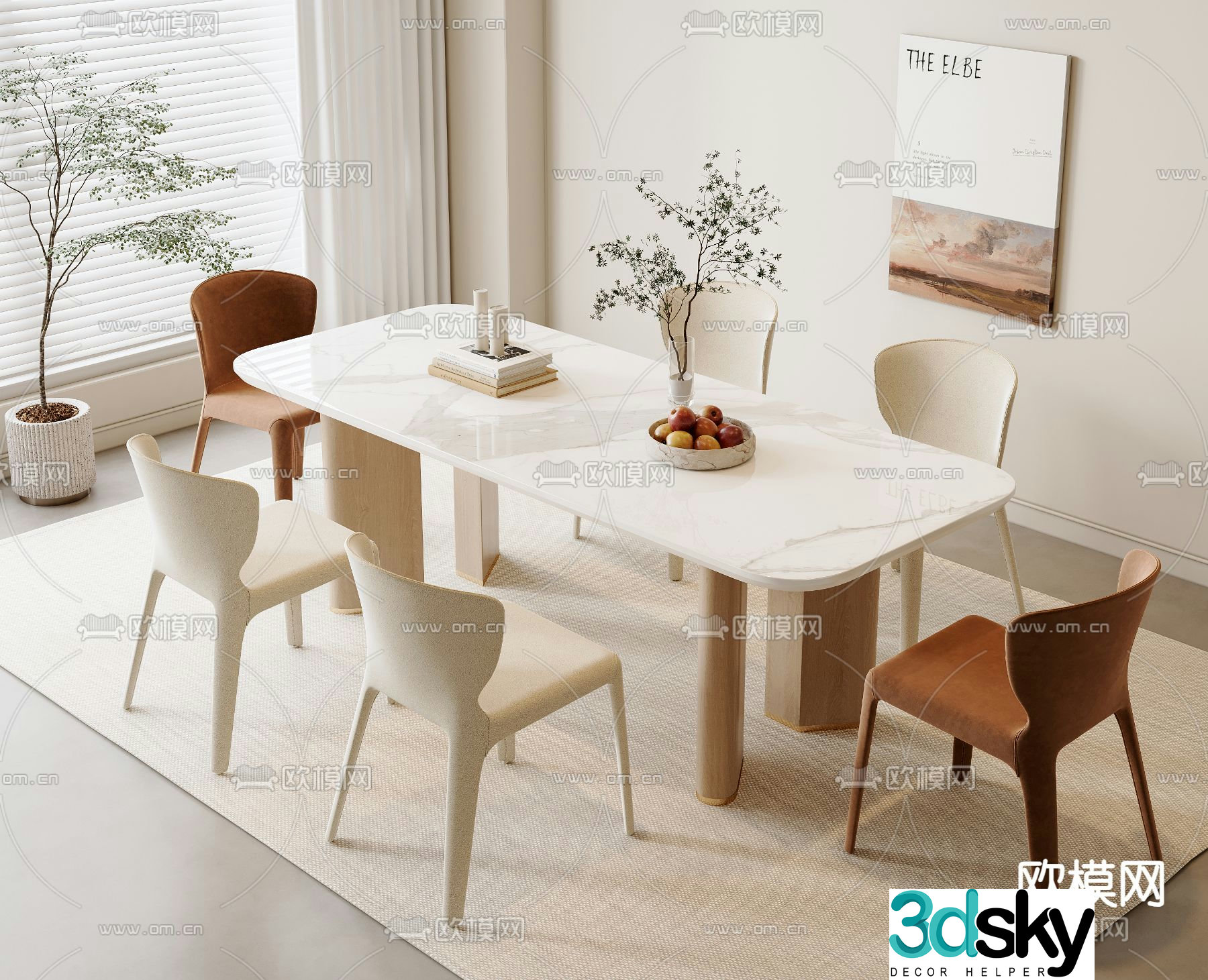 Cream style dining table and chairs slate dining table 3D model