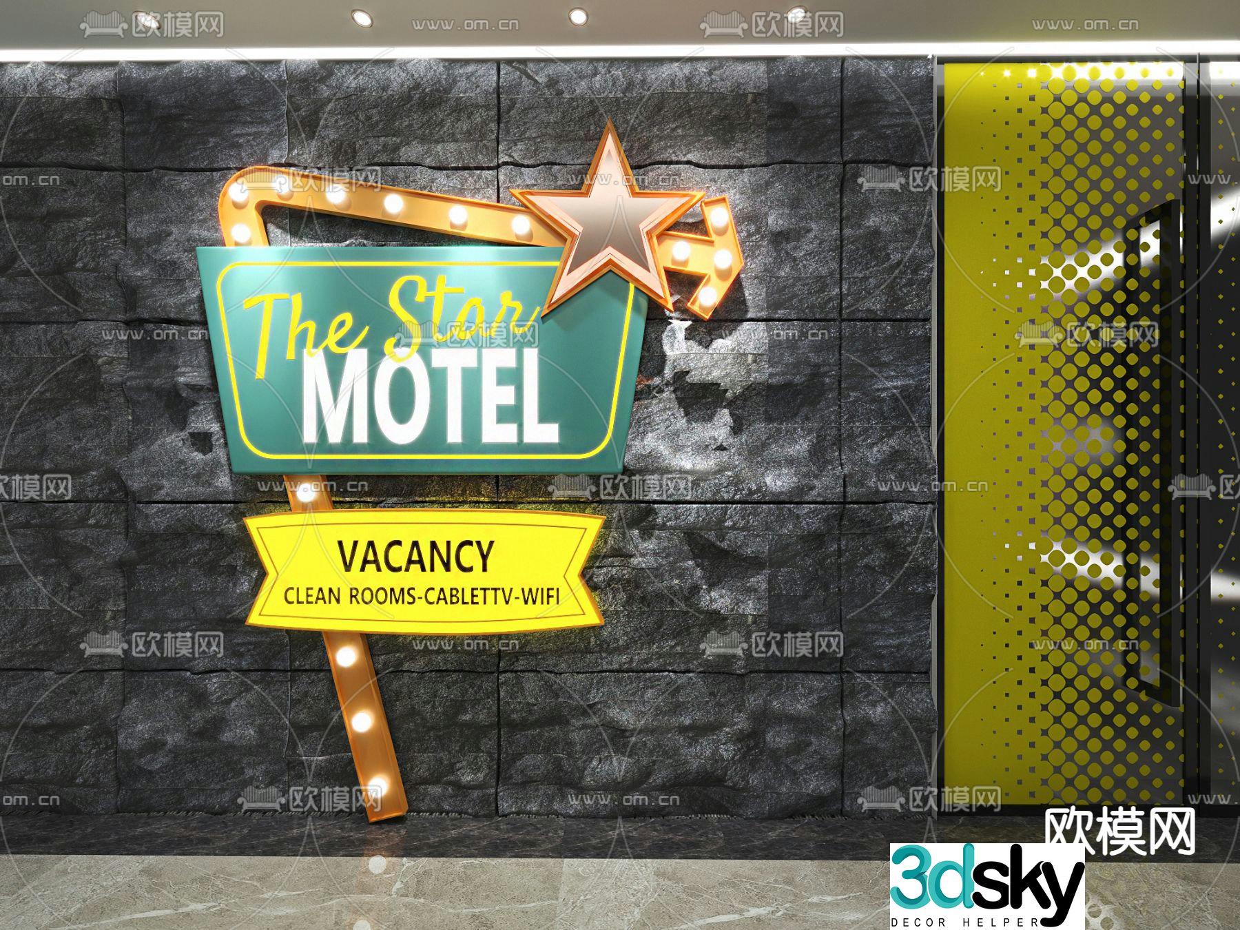 Guide signs street signs billboards hotel neon lights 3d model