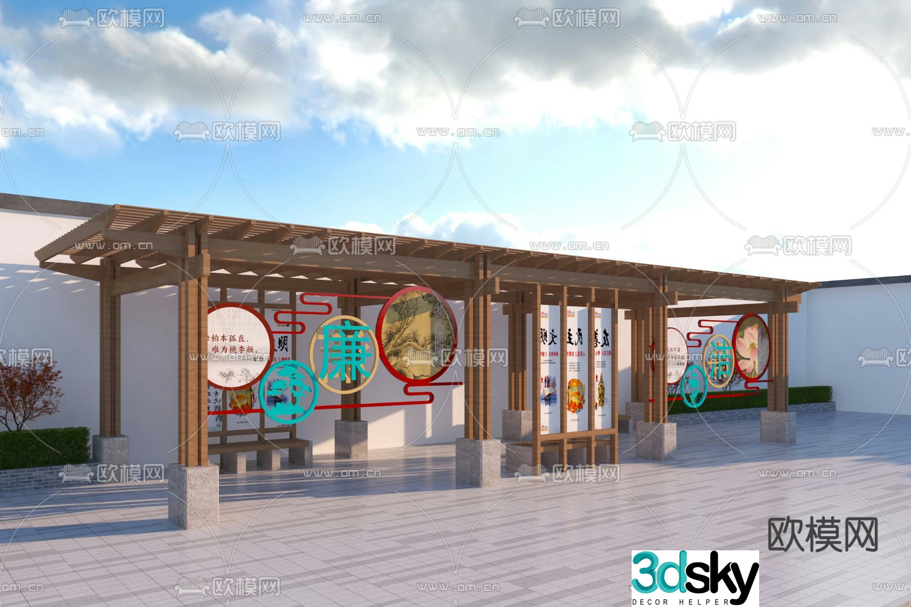 New Chinese style pavilion gallery frame corridor 3D model