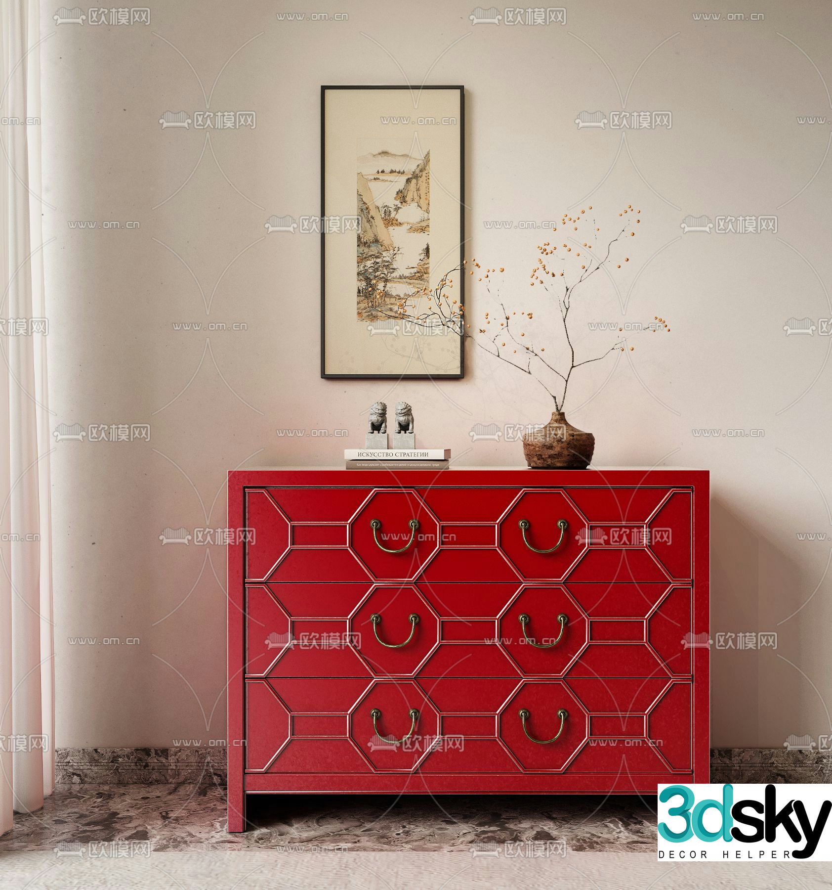 New Chinese style side cabinet drawer cabinet entrance cabinet 3D model