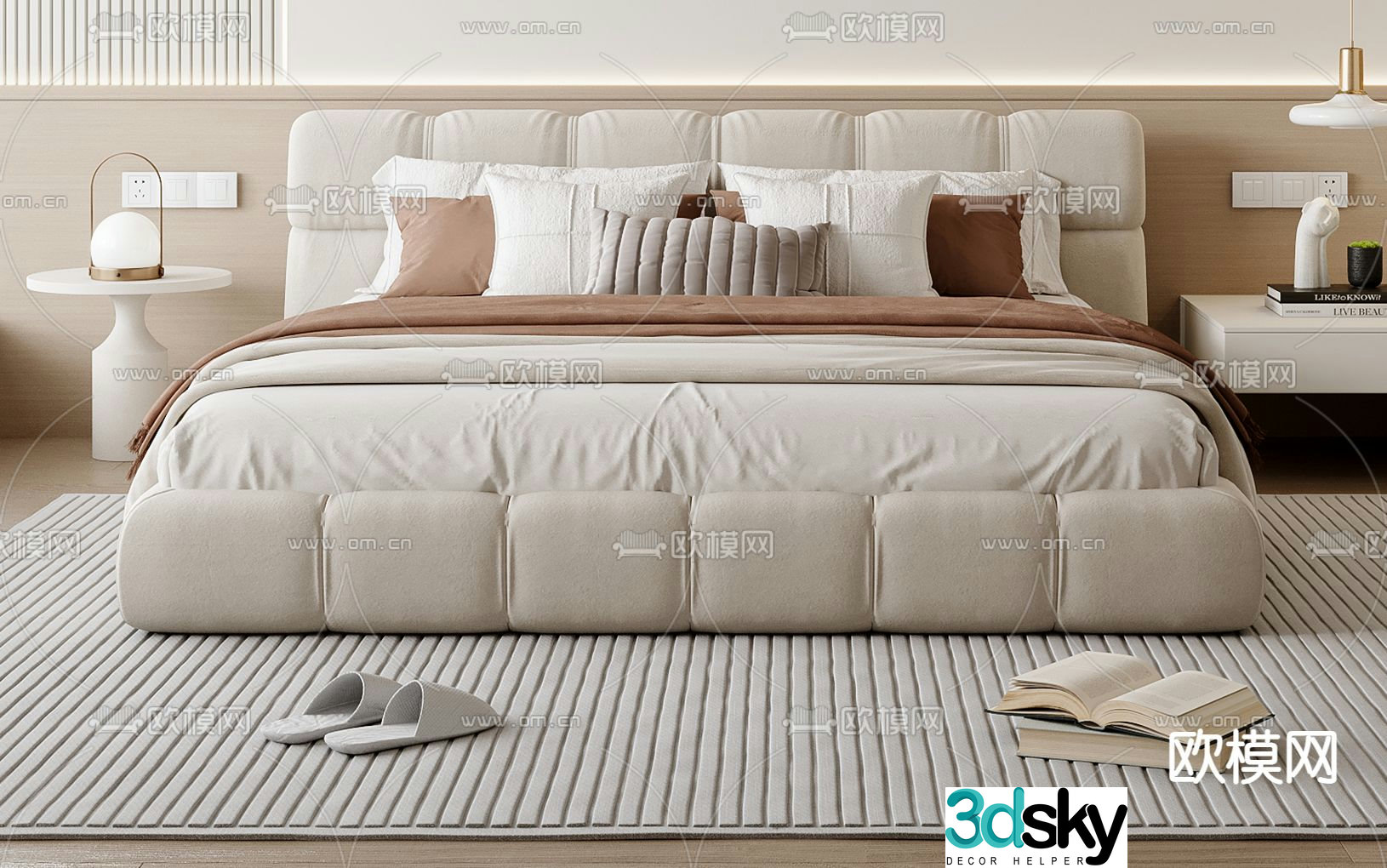 Cream style double bed 3d model