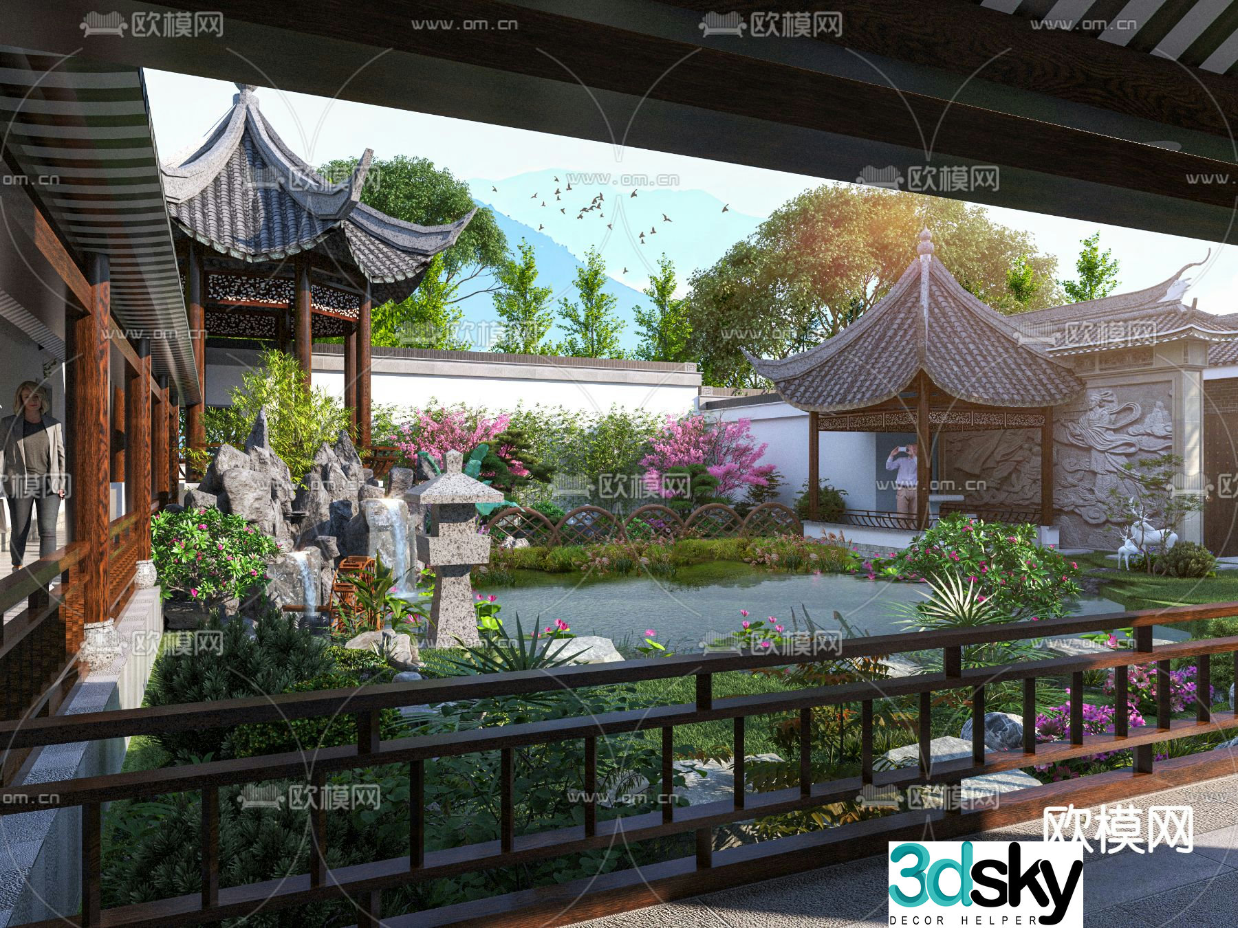 Garden landscape park pavilion ancient building corridor 3D model