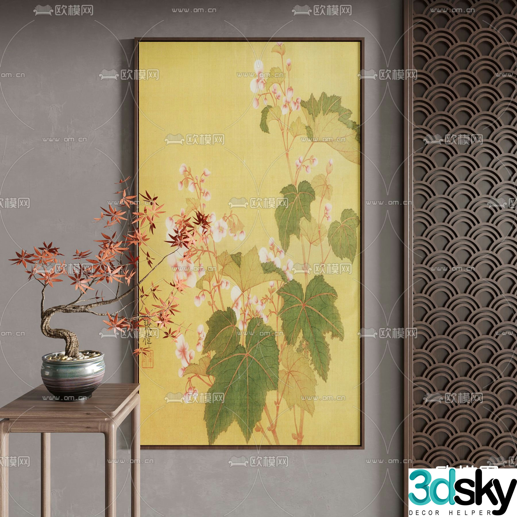 New Chinese style decorative paintings flower paintings watercolor paintings 3D model
