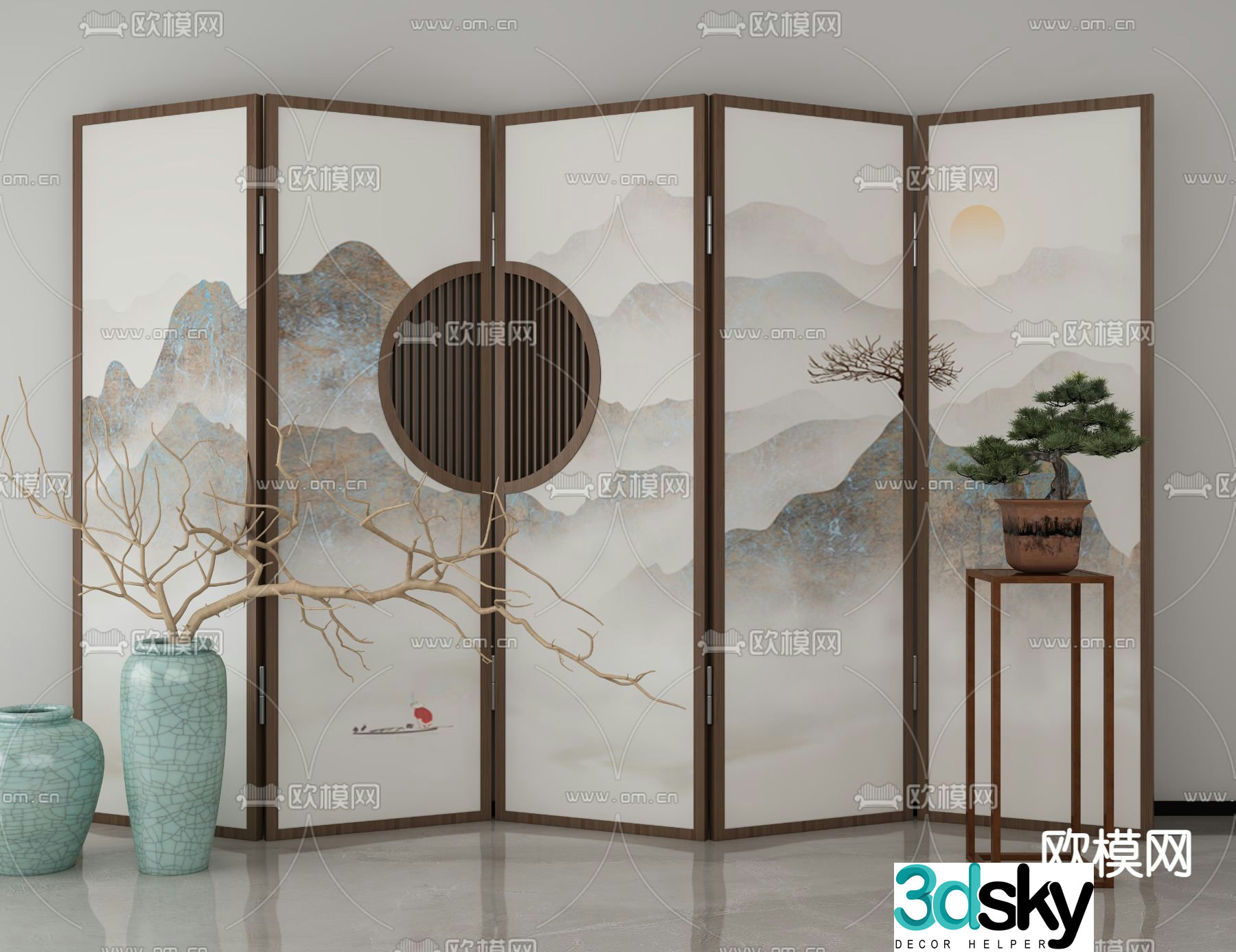New Chinese-style screen calligraphy and painting screen 3D model
