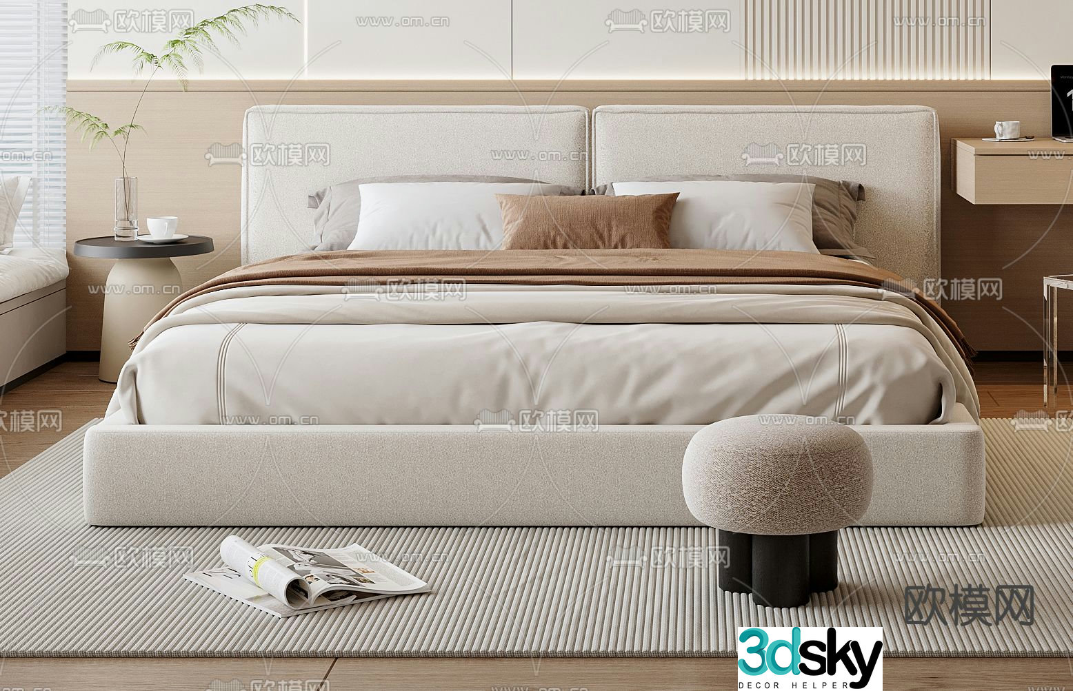 Cream style double bed 3d model