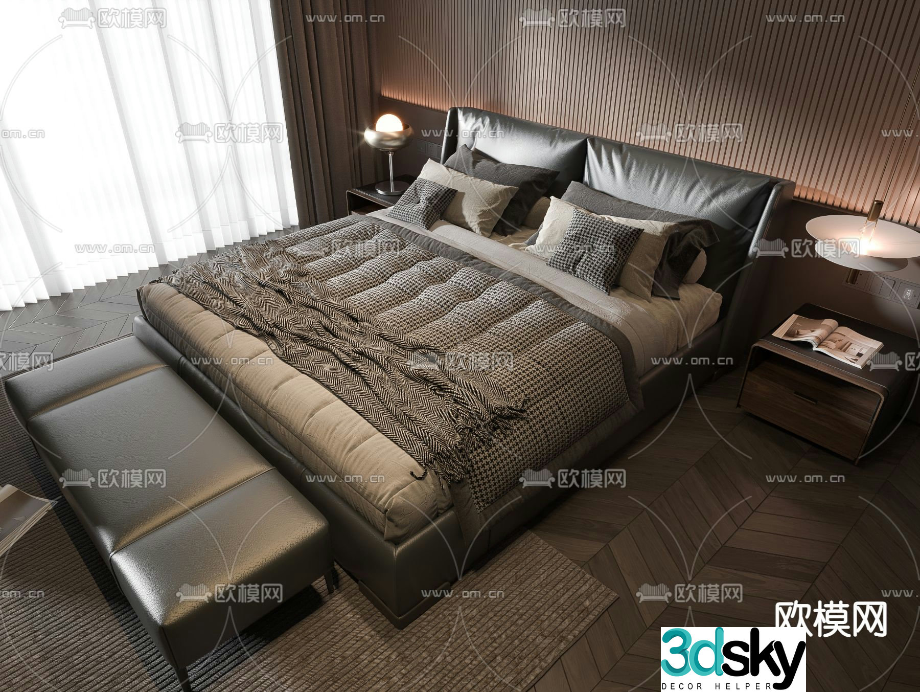 Dark style double bed 3d model
