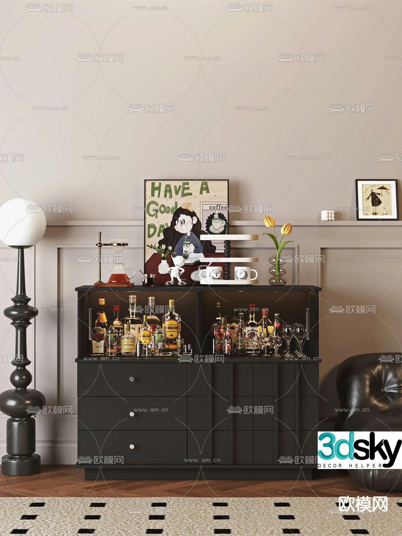 French sideboard wine cabinet 3d model